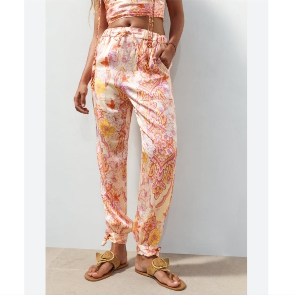 ZARA Pink Orange Paisley Satin High Waisted Pants Small NWT